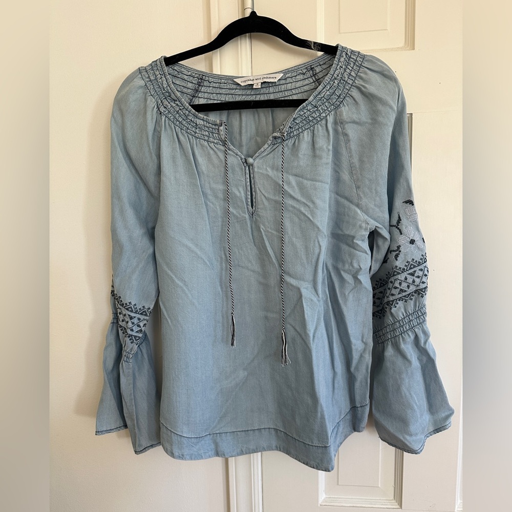 Cupcakes & Cashmere Chambray Embroidered Top